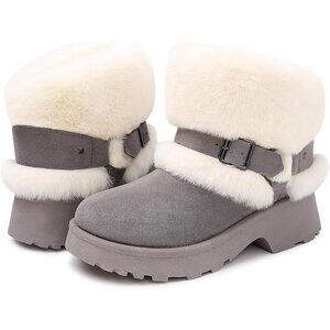 Women's Furry Fuzzy Snow Winter Gray Buckle Slip On Block Heels Booties Shoes
